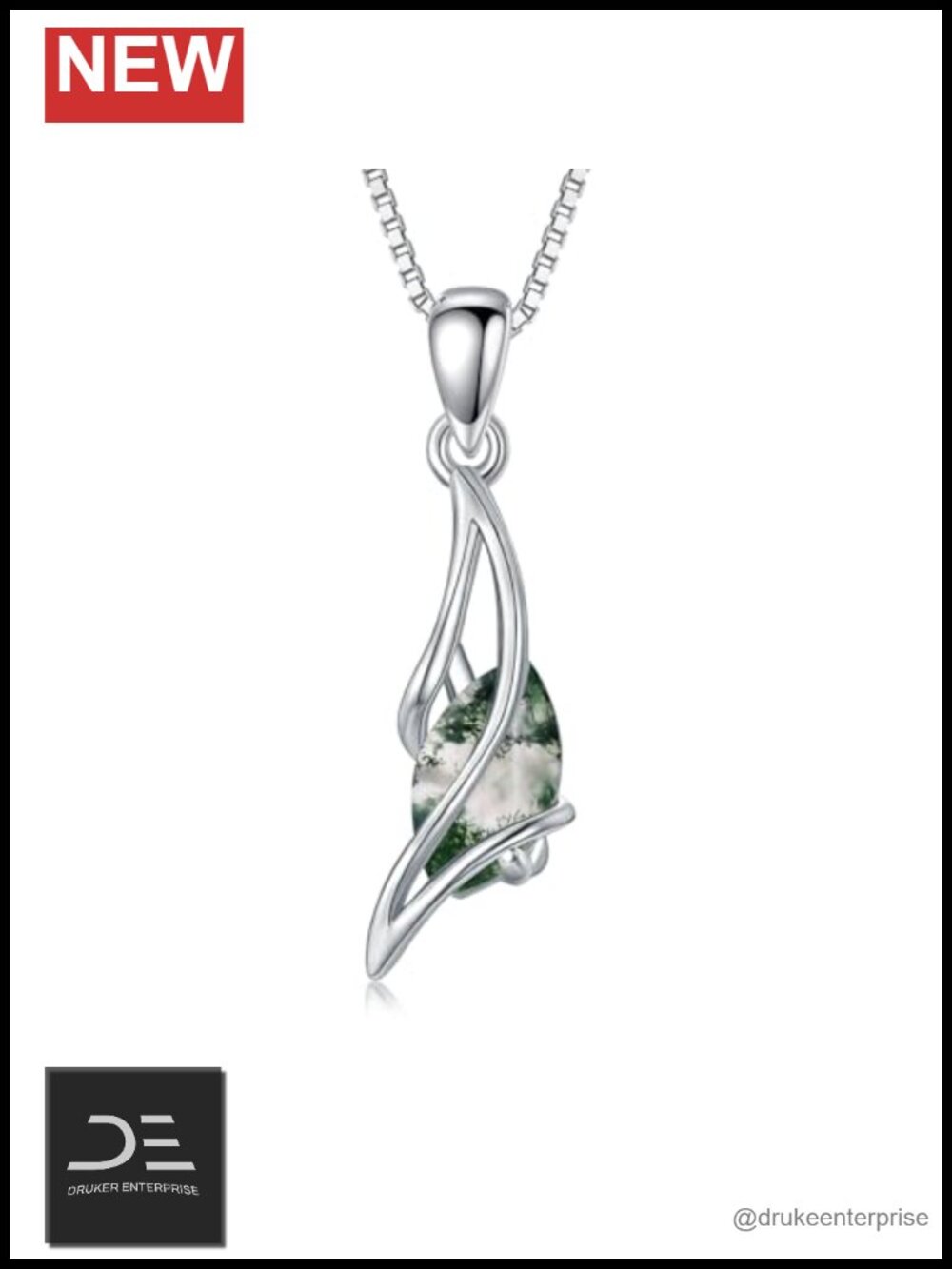 925 Sterling Silver Oval Moss Agate Necklace Pendant for Women